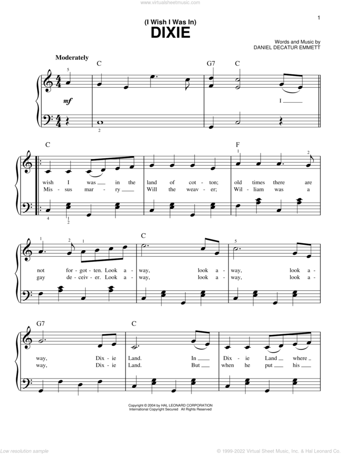 (I Wish I Was In) Dixie sheet music for piano solo by Daniel Decatur Emmett, Boxcar Willie and Lynyrd Skynyrd, easy skill level