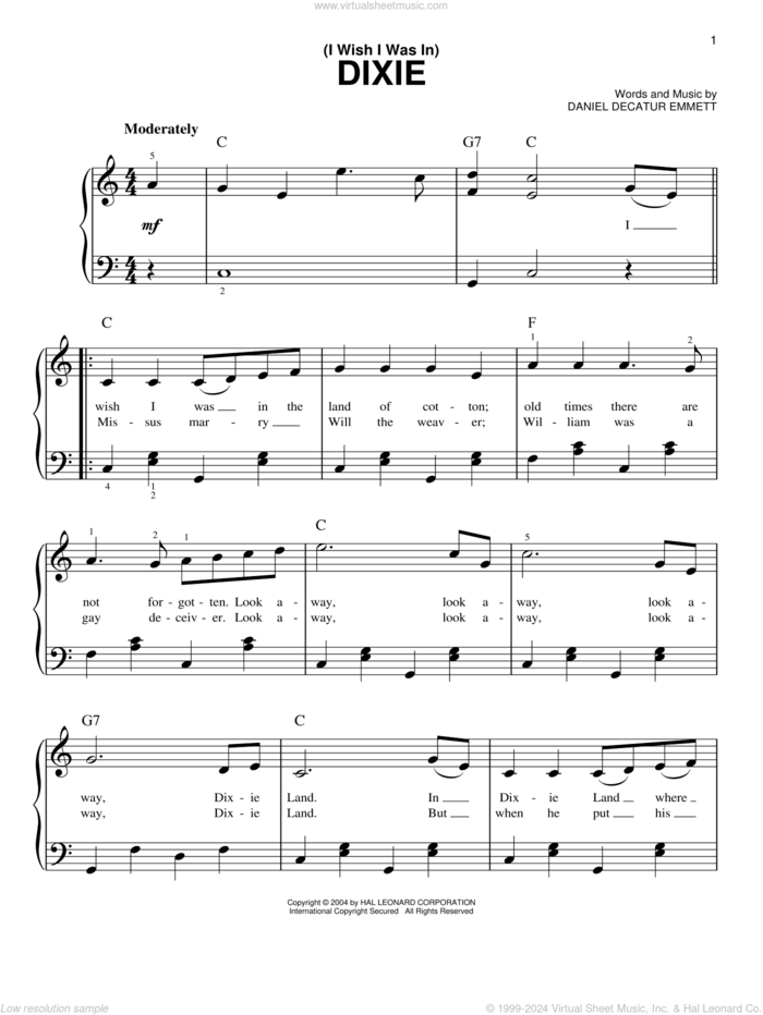 (I Wish I Was In) Dixie sheet music for piano solo by Daniel Decatur Emmett, Boxcar Willie and Lynyrd Skynyrd, easy skill level