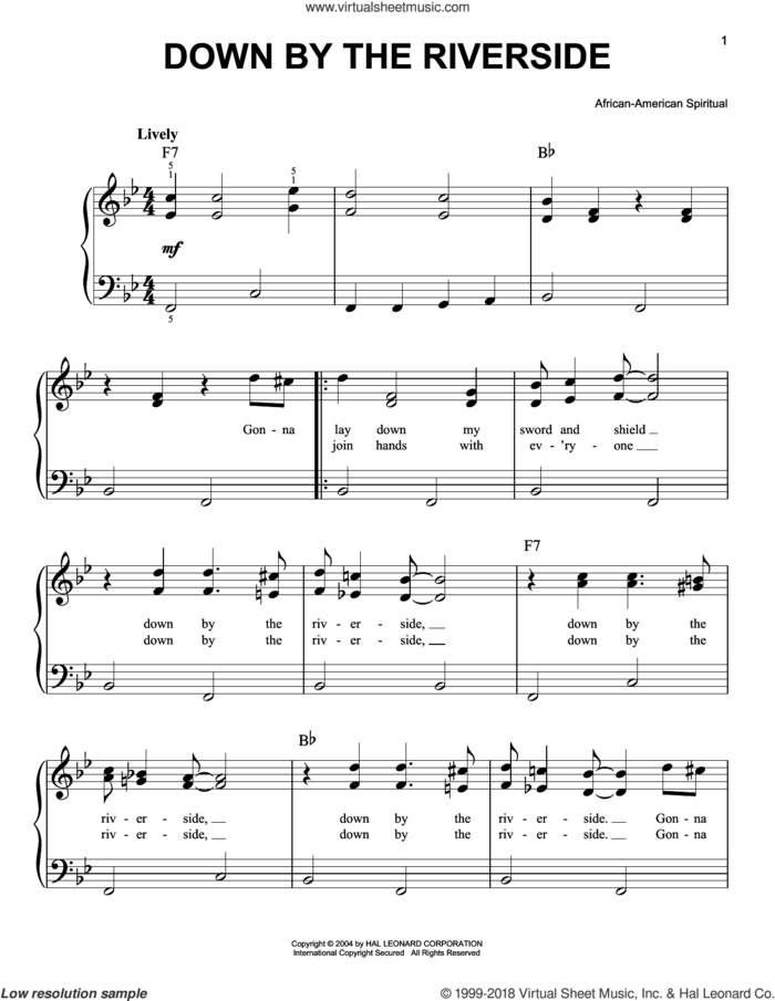 Down By The Riverside, (easy) sheet music for piano solo, easy skill level