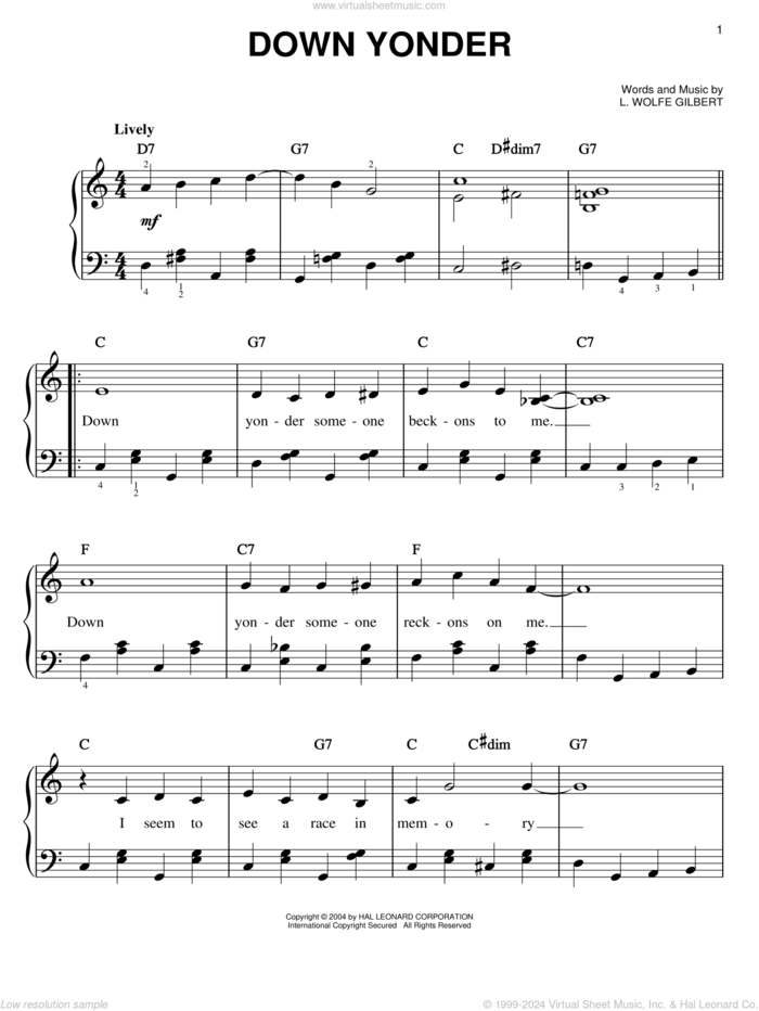 Down Yonder sheet music for piano solo by Willie Nelson, Johnny Gimble, Johnny Maddox and L. Wolfe Gilbert, easy skill level