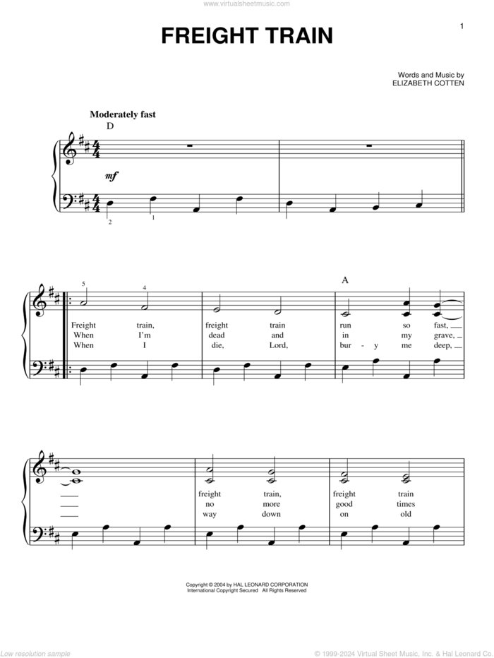 Freight Train sheet music for piano solo by Elizabeth Cotten and Taj Mahal, easy skill level