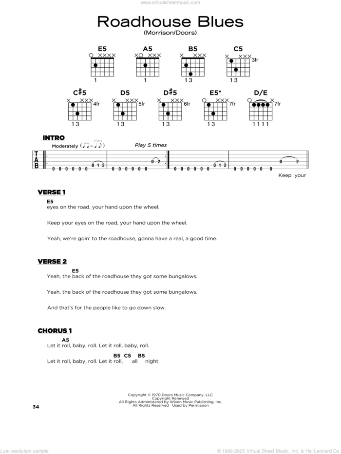 Roadhouse Blues sheet music for guitar solo by The Doors, Jim Morrison, John Densmore, Ray Manzarek and Robby Krieger, beginner skill level