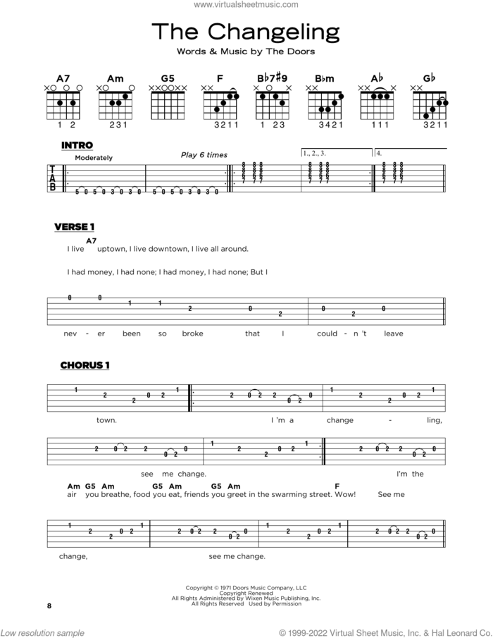 The Changeling sheet music for guitar solo by The Doors, Jim Morrison, John Densmore, Ray Manzarek and Robby Krieger, beginner skill level