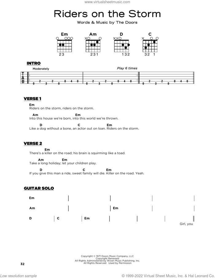Riders On The Storm sheet music for guitar solo by The Doors, Jim Morrison, John Densmore, Ray Manzarek and Robby Krieger, beginner skill level