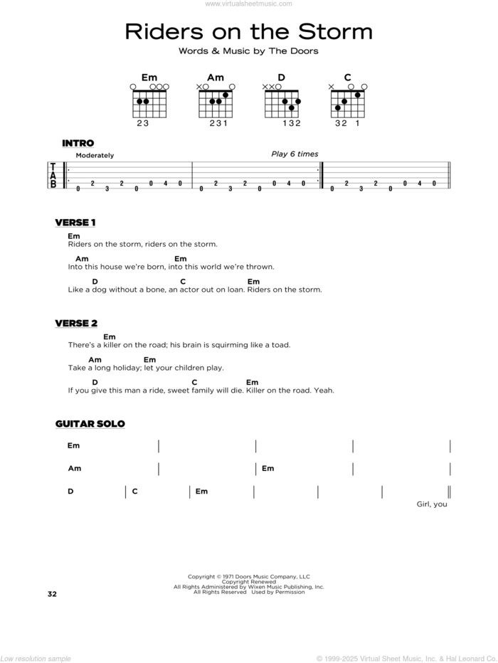 Riders On The Storm sheet music for guitar solo by The Doors, Jim Morrison, John Densmore, Ray Manzarek and Robby Krieger, beginner skill level