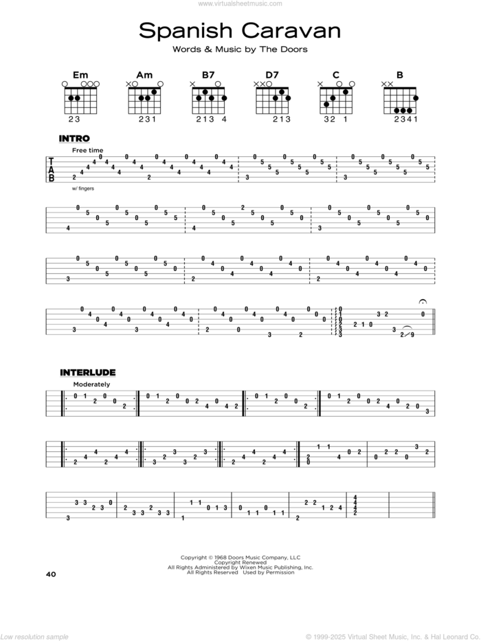 Spanish Caravan sheet music for guitar solo by The Doors, Jim Morrison, John Densmore, Ray Manzarek and Robby Krieger, beginner skill level