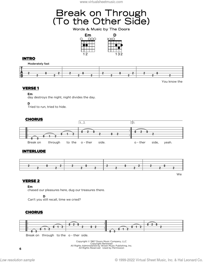 Break On Through (To The Other Side) sheet music for guitar solo by The Doors, Jim Morrison, John Densmore, Ray Manzarek and Robby Krieger, beginner skill level