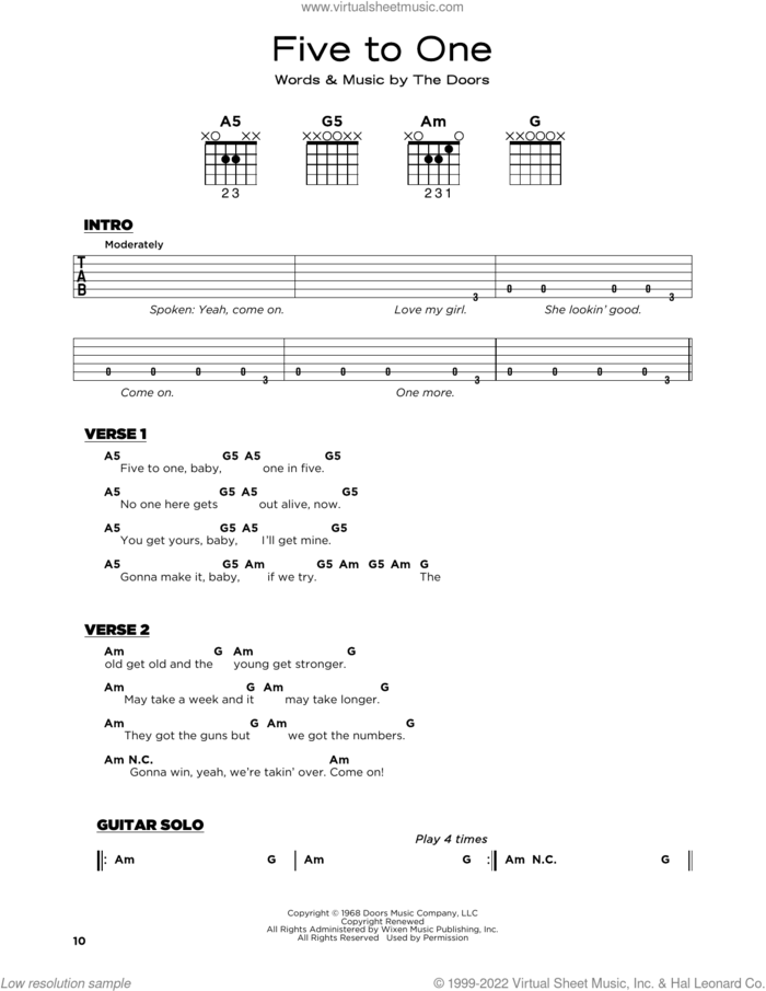Five To One sheet music for guitar solo by The Doors, Jim Morrison, John Densmore, Ray Manzarek and Robby Krieger, beginner skill level