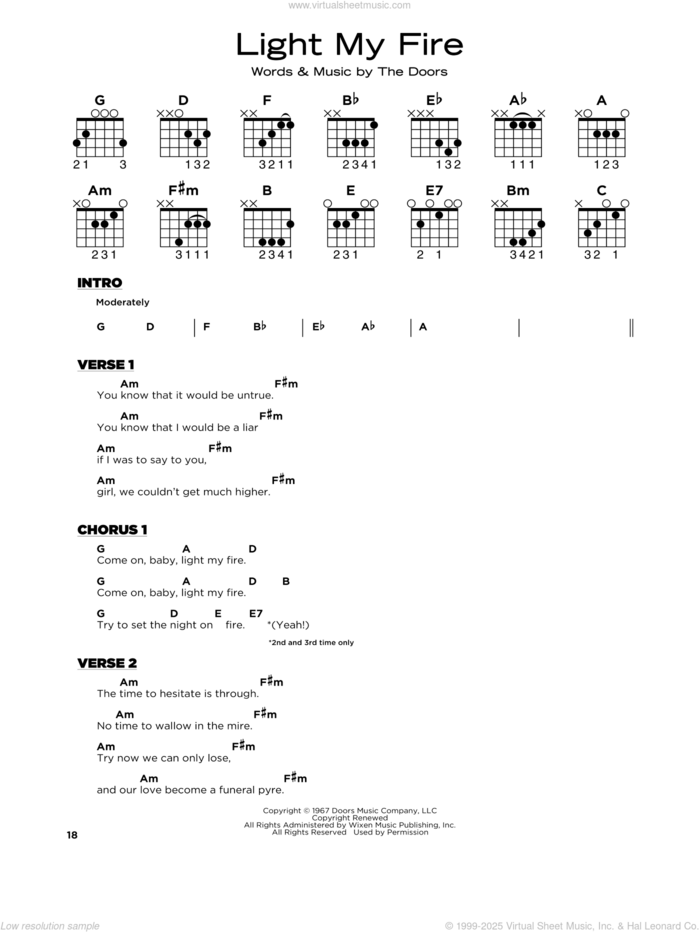 Light My Fire, (beginner) sheet music for guitar solo by The Doors, Jose Feliciano, Jim Morrison, John Densmore, Ray Manzarek and Robby Krieger, beginner skill level