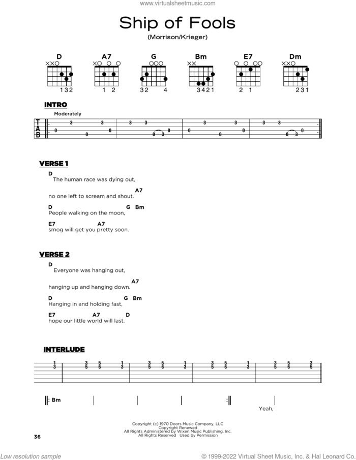Ship Of Fools sheet music for guitar solo by The Doors, Jim Morrison and Robby Krieger, beginner skill level