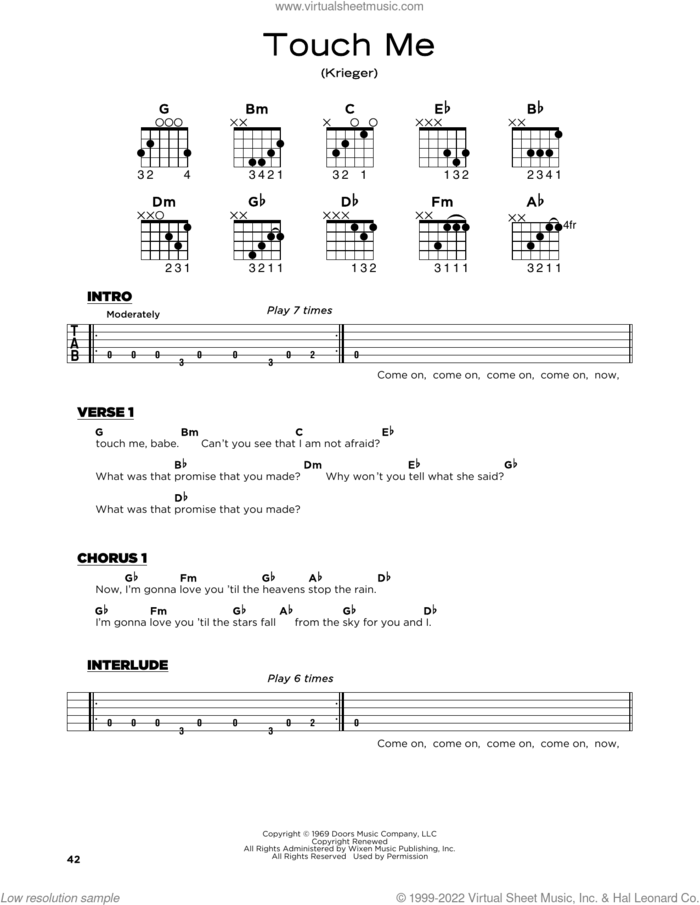 Touch Me sheet music for guitar solo by The Doors and Robby Krieger, beginner skill level