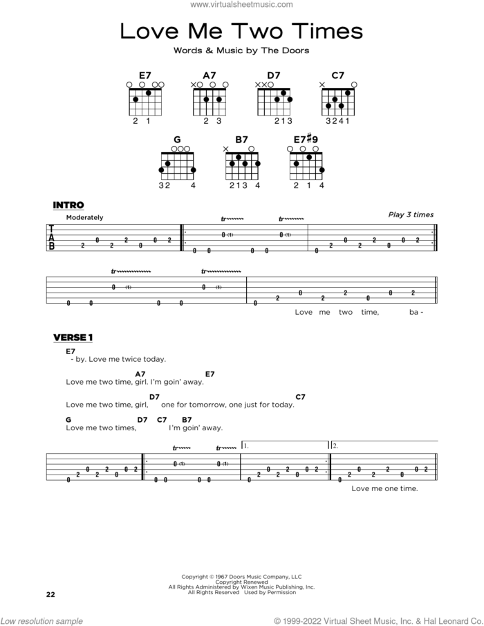 Love Me Two Times sheet music for guitar solo by The Doors, Jim Morrison, John Densmore, Ray Manzarek and Robby Krieger, beginner skill level