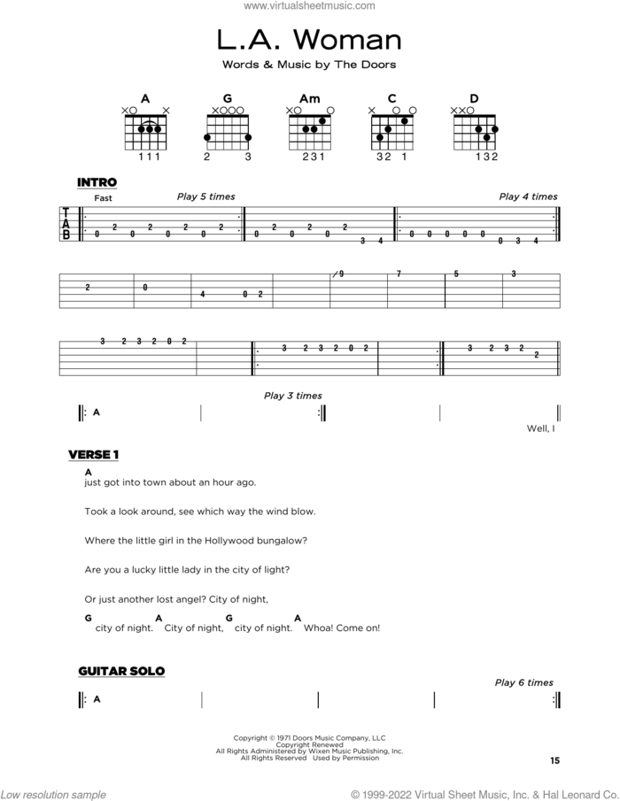 L.A. Woman sheet music for guitar solo by The Doors, Jim Morrison, John Densmore, Ray Manzarek and Robby Krieger, beginner skill level
