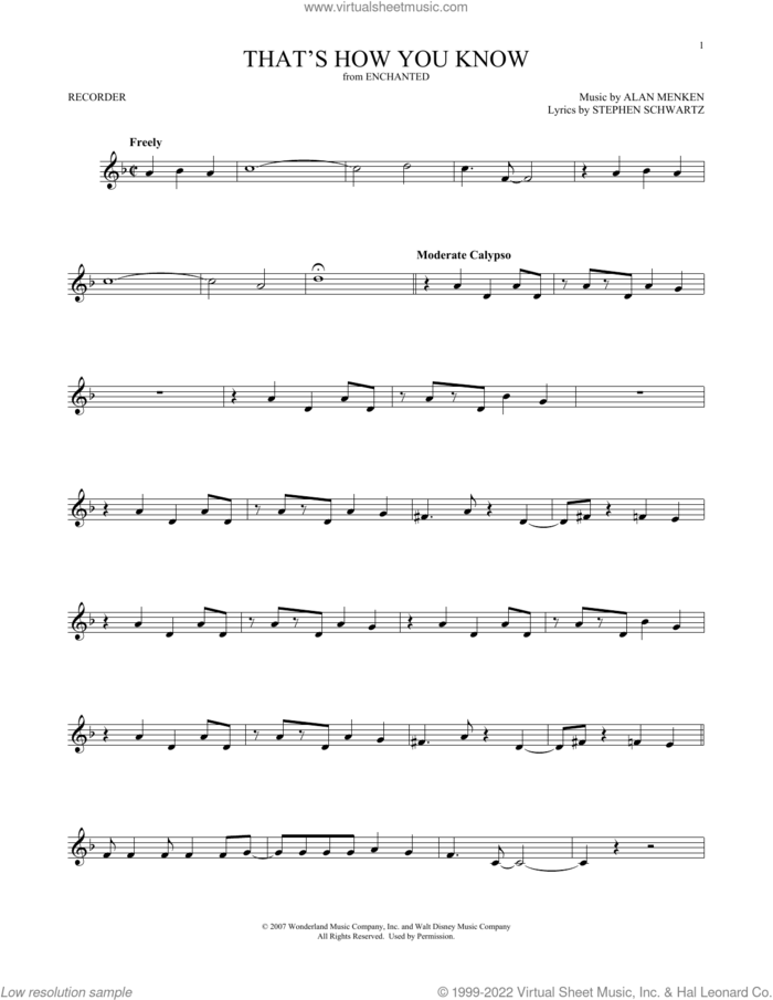 That's How You Know (from Enchanted) sheet music for recorder solo by Amy Adams, Alan Menken and Stephen Schwartz, intermediate skill level