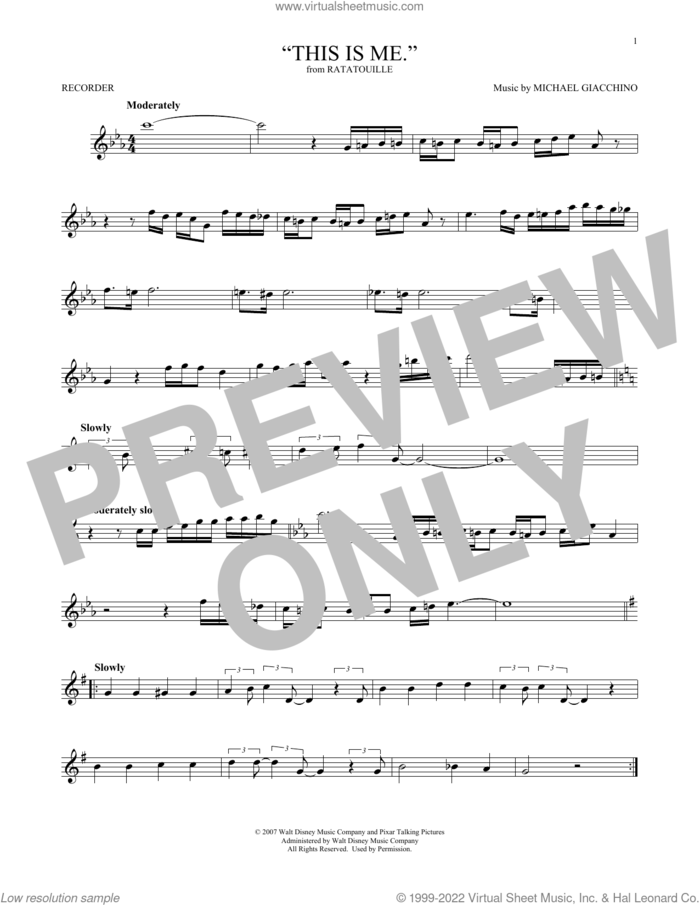 'This is me.' (from Ratatouille) sheet music for recorder solo by Michael Giacchino, intermediate skill level