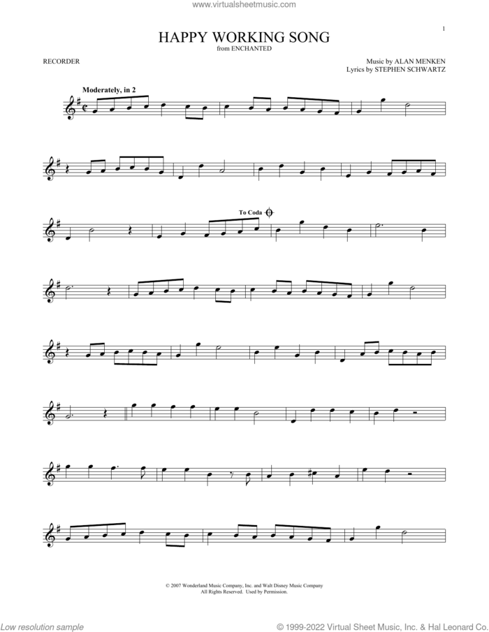 Happy Working Song (from Enchanted) sheet music for recorder solo by Amy Adams, Alan Menken and Stephen Schwartz, intermediate skill level