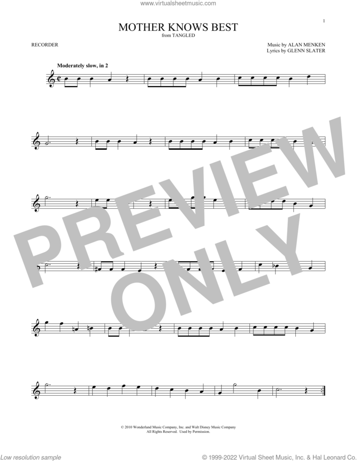 Mother Knows Best (from Tangled) sheet music for recorder solo by Donna Murphy, Alan Menken and Glenn Slater, intermediate skill level