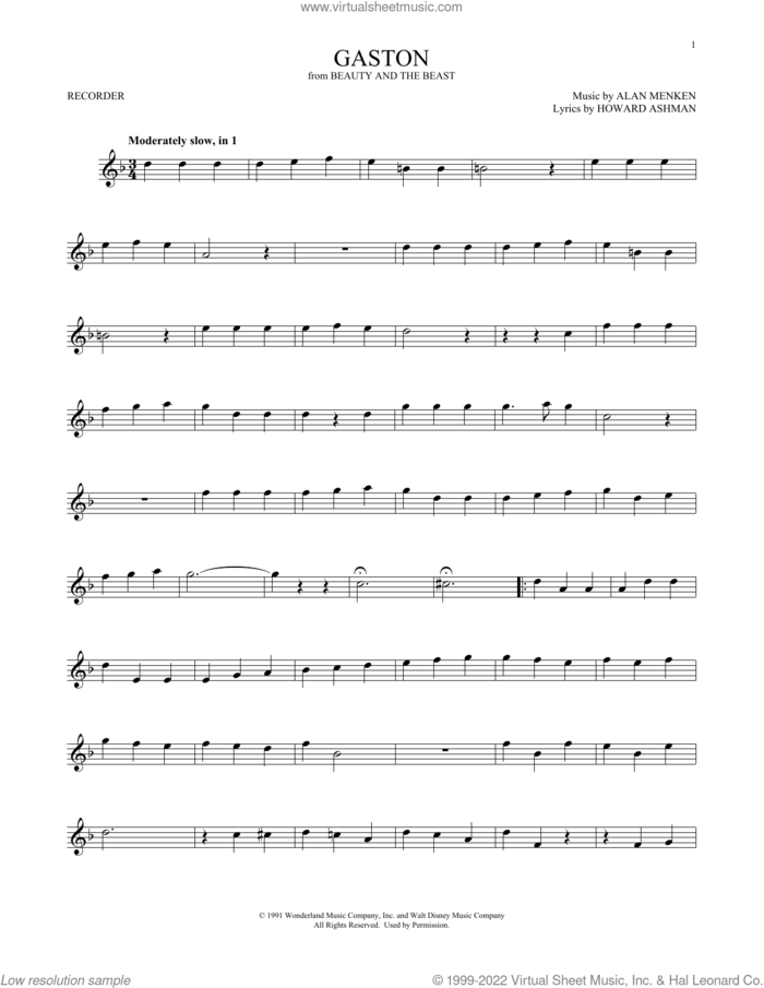 Gaston (from Beauty And The Beast) sheet music for recorder solo by Alan Menken & Howard Ashman, Alan Menken and Howard Ashman, intermediate skill level