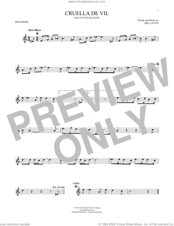 Cruella De Vil (from 101 Dalmatians) sheet music for recorder solo by Mel Leven, intermediate skill level