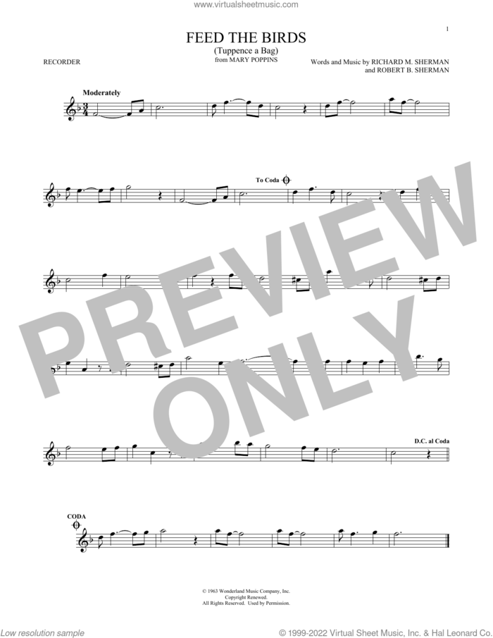 Feed The Birds (Tuppence A Bag) (from Mary Poppins) sheet music for recorder solo by Sherman Brothers, Richard M. Sherman and Robert B. Sherman, intermediate skill level