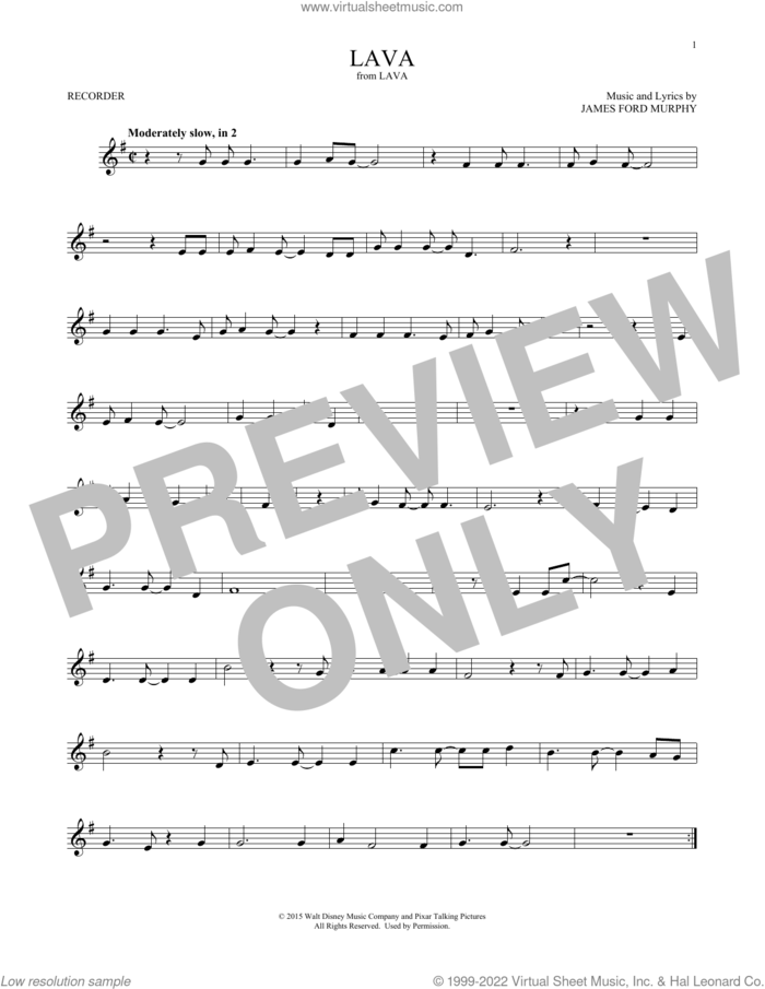 Lava (from Lava) sheet music for recorder solo by James Ford Murphy, intermediate skill level
