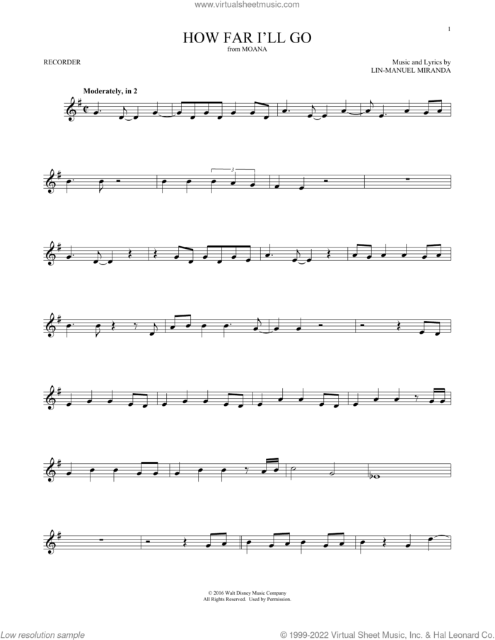 How Far I'll Go (from Moana) sheet music for recorder solo by Lin-Manuel Miranda and Alessia Cara, intermediate skill level
