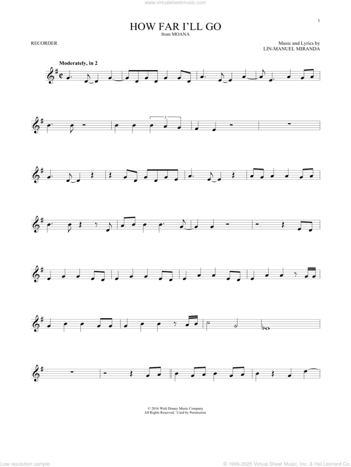 How Far I'll Go (from Moana) sheet music for recorder solo by Lin-Manuel Miranda and Alessia Cara, intermediate skill level