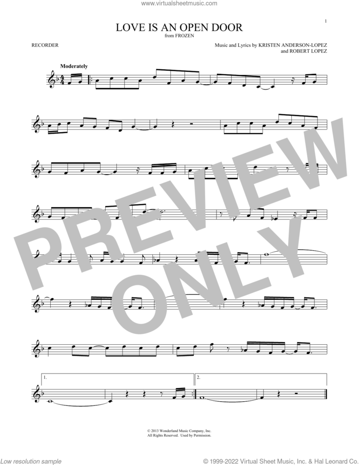 Love Is An Open Door (from Frozen) sheet music for recorder solo by Kristen Bell & Santino Fontana, Kristen Anderson-Lopez and Robert Lopez, intermediate skill level
