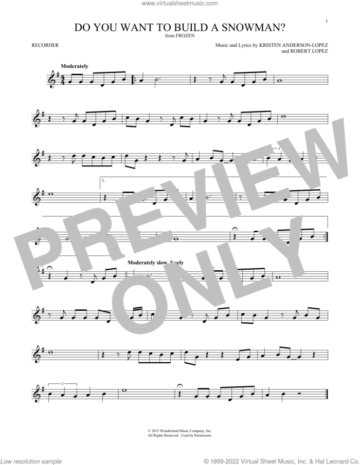 Do You Want To Build A Snowman? (from Frozen) sheet music for recorder solo by Kristen Bell, Agatha Lee Monn & Katie Lopez, Kristen Anderson-Lopez and Robert Lopez, intermediate skill level