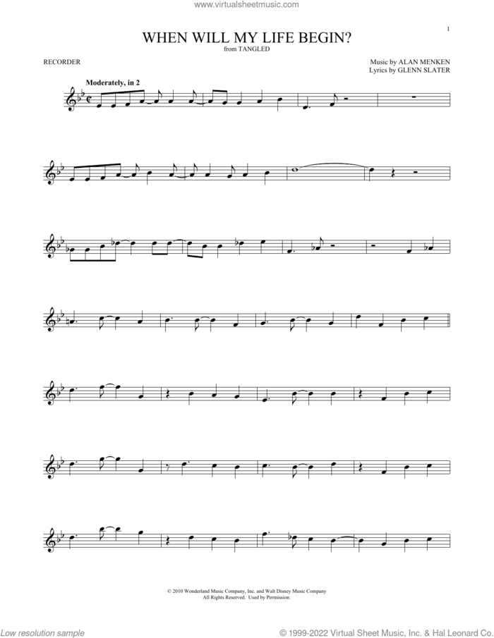 When Will My Life Begin? (from Tangled) sheet music for recorder solo by Mandy Moore, Alan Menken and Glenn Slater, intermediate skill level