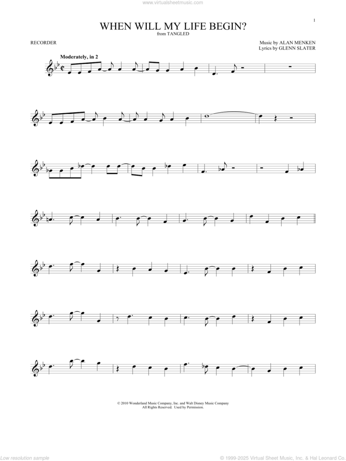 When Will My Life Begin? (from Tangled) sheet music for recorder solo by Mandy Moore, Alan Menken and Glenn Slater, intermediate skill level