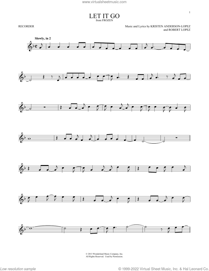Let It Go (from Frozen) sheet music for recorder solo by Idina Menzel, Kristen Anderson-Lopez and Robert Lopez, intermediate skill level