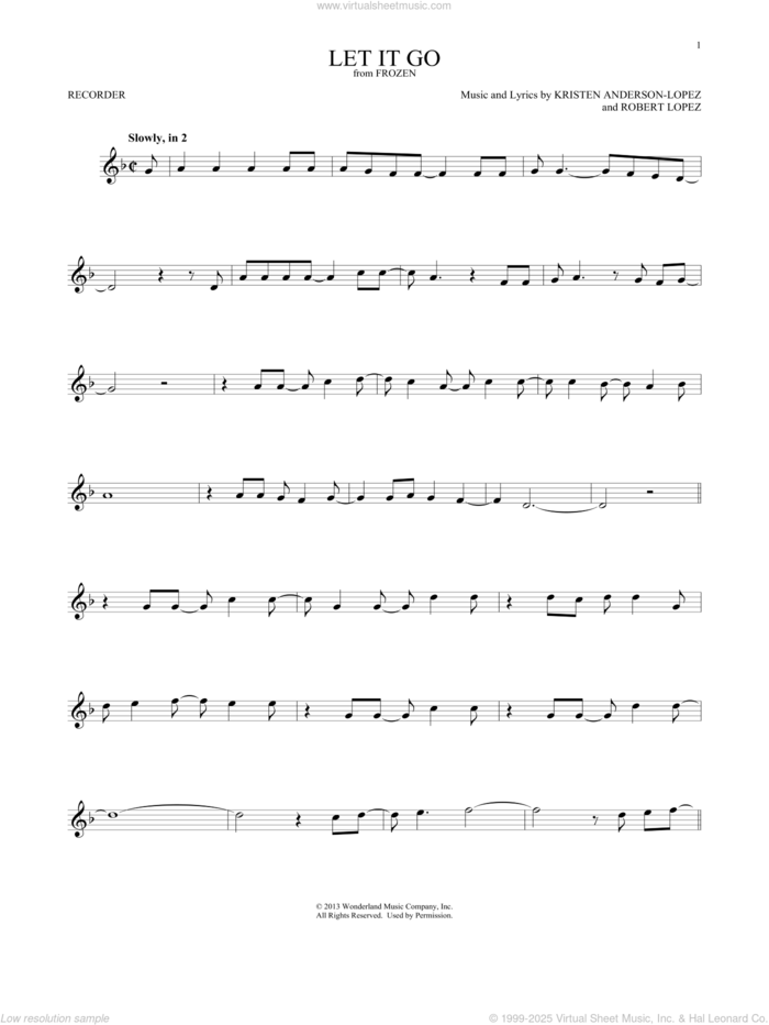 Let It Go (from Frozen) sheet music for recorder solo by Idina Menzel, Kristen Anderson-Lopez and Robert Lopez, intermediate skill level