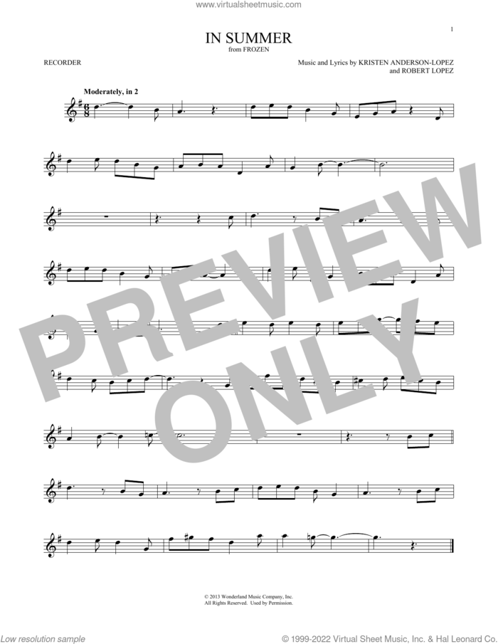 In Summer (from Frozen) sheet music for recorder solo by Josh Gad, Kristen Anderson-Lopez and Robert Lopez, intermediate skill level