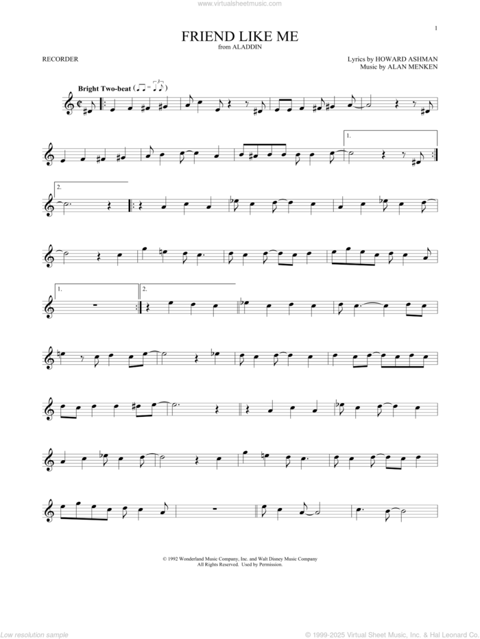 Friend Like Me (from Aladdin) sheet music for recorder solo by Alan Menken & Howard Ashman, Alan Menken and Howard Ashman, intermediate skill level