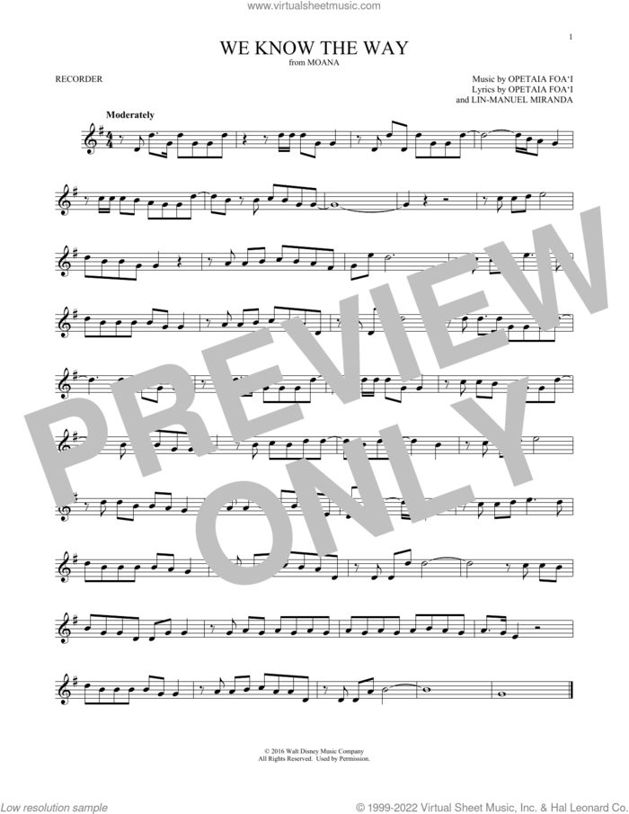 We Know The Way (from Moana) sheet music for recorder solo by Opetaia Foa'i & Lin-Manuel Miranda and Lin-Manuel Miranda, intermediate skill level
