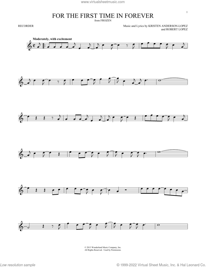 For The First Time In Forever (from Frozen) sheet music for recorder solo by Kristen Bell, Idina Menzel, Kristen Anderson-Lopez and Robert Lopez, intermediate skill level