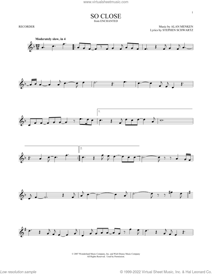 So Close (from Enchanted) sheet music for recorder solo by Alan Menken, John McLaughlin and Stephen Schwartz, intermediate skill level