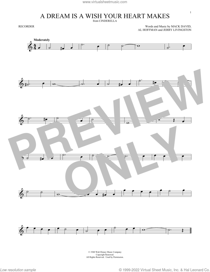 A Dream Is A Wish Your Heart Makes (from Cinderella) sheet music for recorder solo by Al Hoffman, Ilene Woods, Linda Ronstadt, Jerry Livingston and Mack David, intermediate skill level
