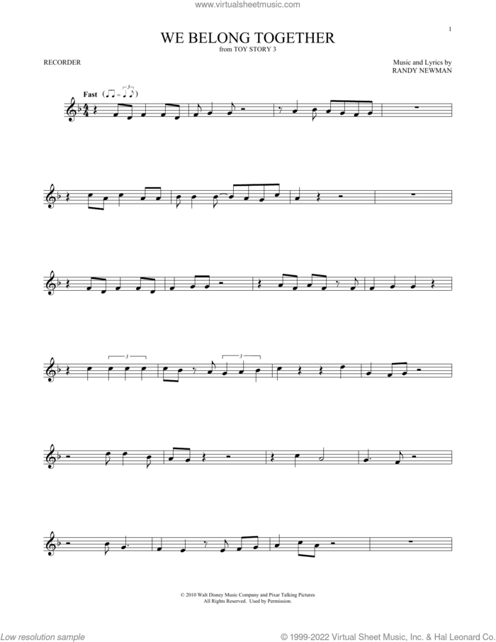 We Belong Together (from Toy Story 3) sheet music for recorder solo by Randy Newman, intermediate skill level