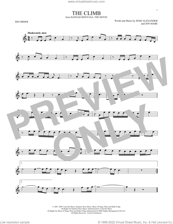 The Climb (from Hannah Montana: The Movie) sheet music for recorder solo by Miley Cyrus, Jessi Alexander and Jon Mabe, intermediate skill level