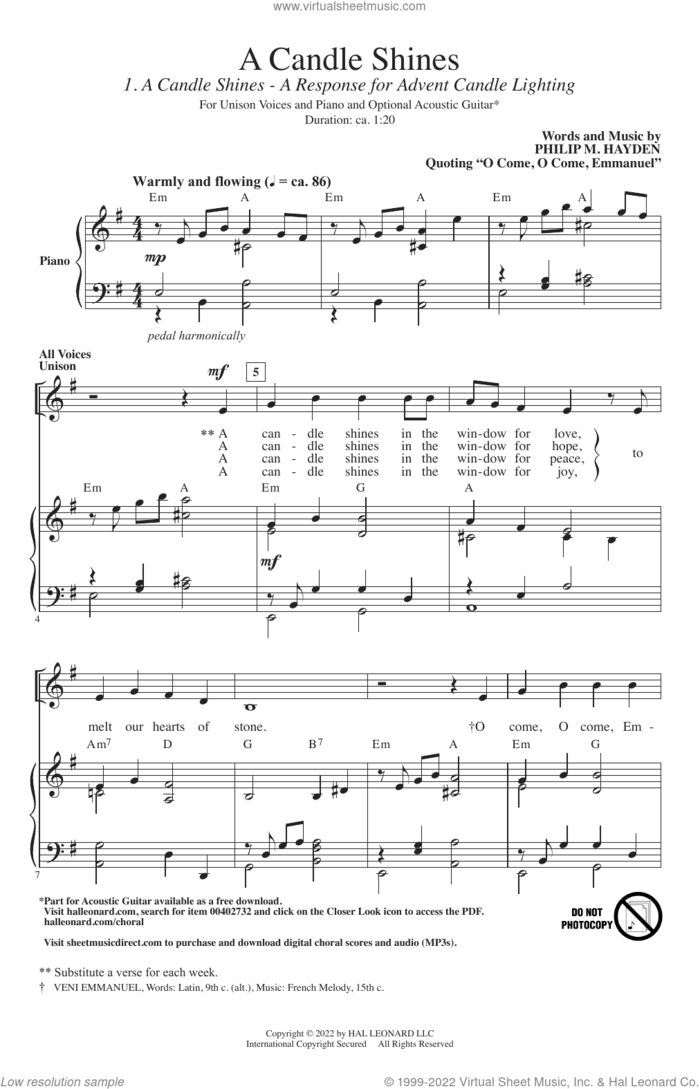 A Candle Shines (A Response For Advent Candle Lighting) sheet music for choir (Unison) by Philip M. Hayden, intermediate skill level