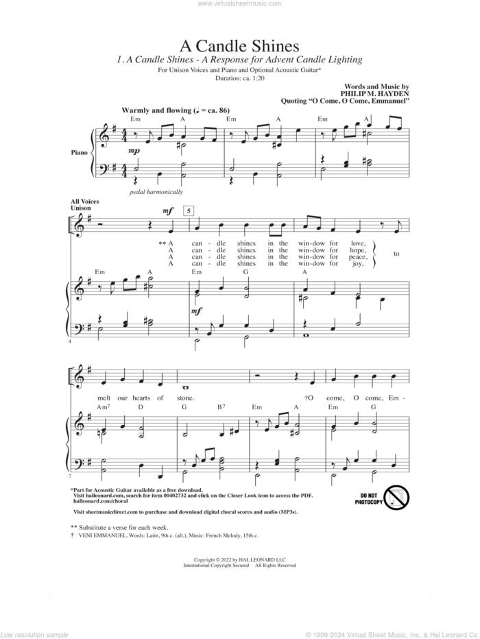 A Candle Shines (A Response For Advent Candle Lighting) sheet music for choir (Unison) by Philip M. Hayden, intermediate skill level