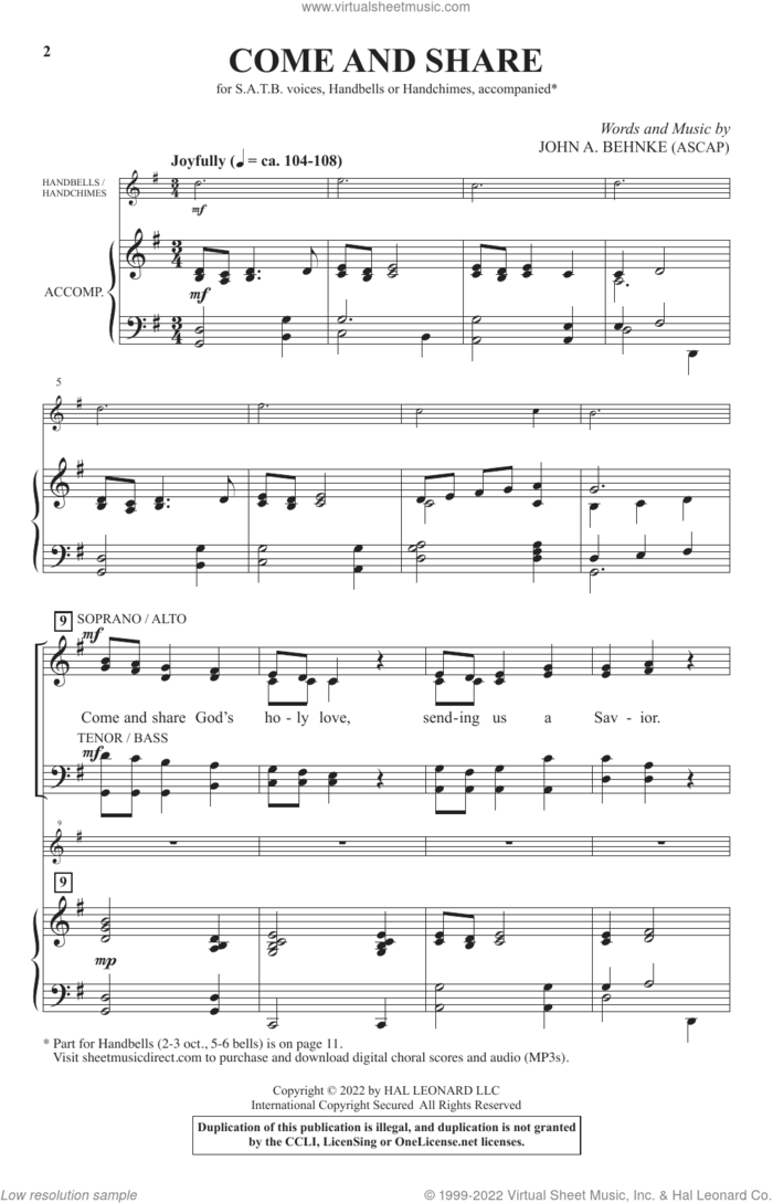 Come And Share sheet music for choir (SATB: soprano, alto, tenor, bass) by John A. Behnke, intermediate skill level