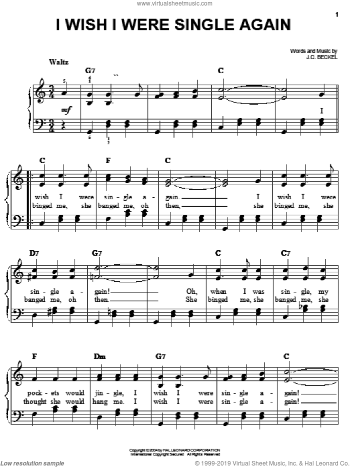 I Wish I Were Single Again sheet music for piano solo by J.C. Beckel, easy skill level
