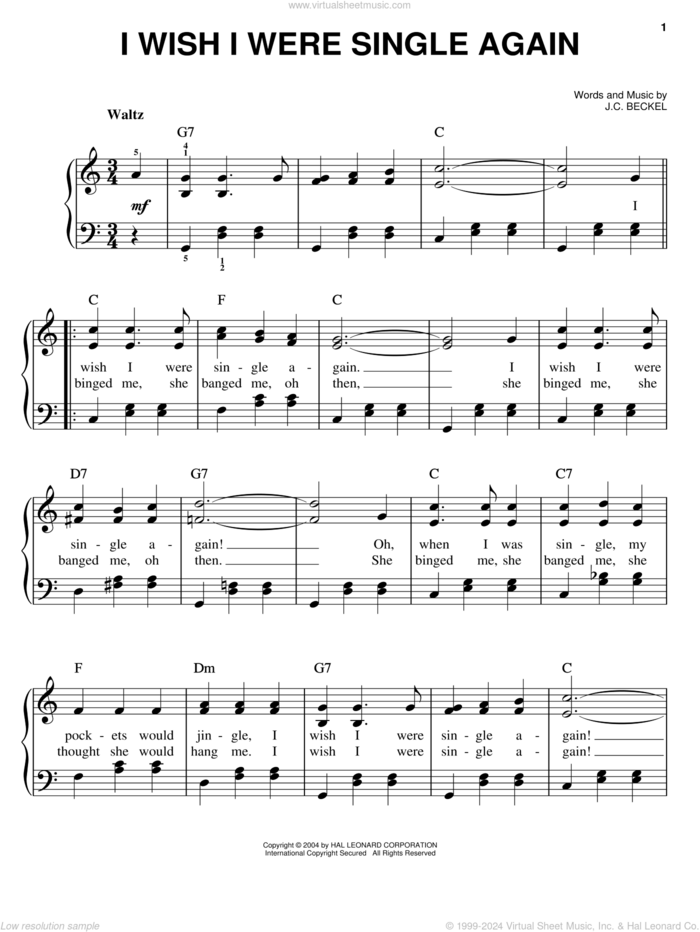 I Wish I Were Single Again sheet music for piano solo by J.C. Beckel, easy skill level