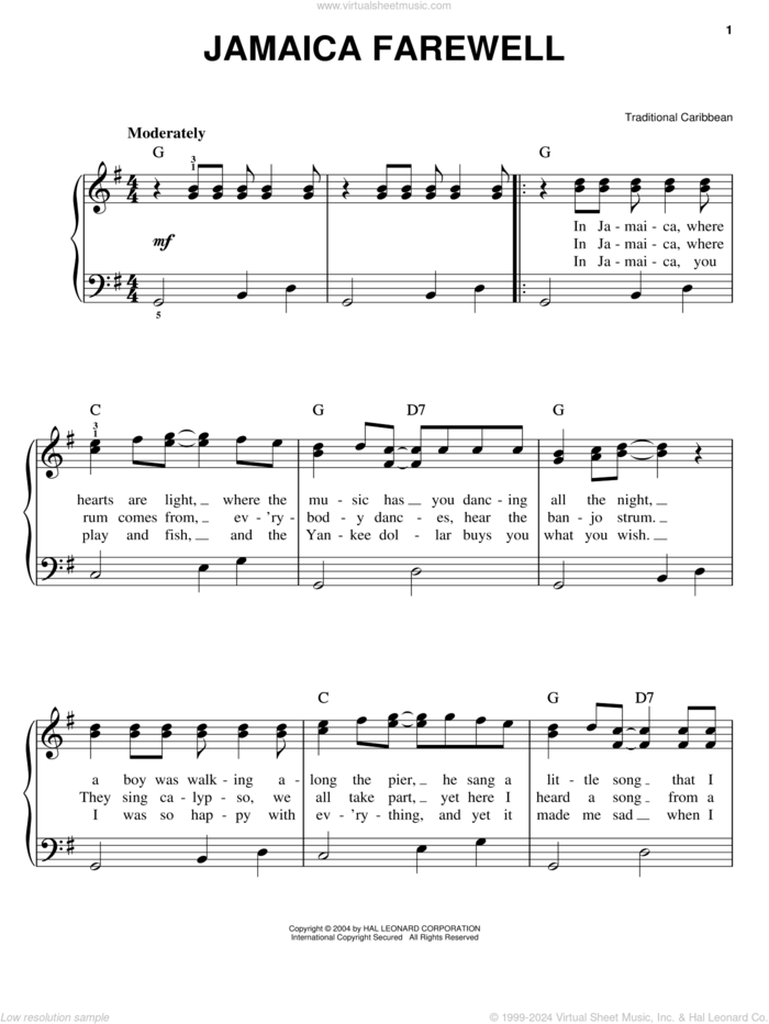 Jamaica Farewell sheet music for piano solo, easy skill level