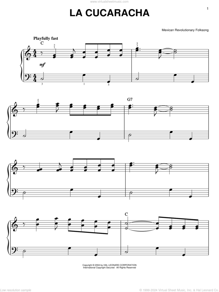 La Cucaracha, (easy) sheet music for piano solo, easy skill level