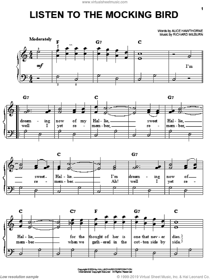 Listen To The Mocking Bird sheet music for piano solo by Alice Hawthorne and Richard Milburn, easy skill level