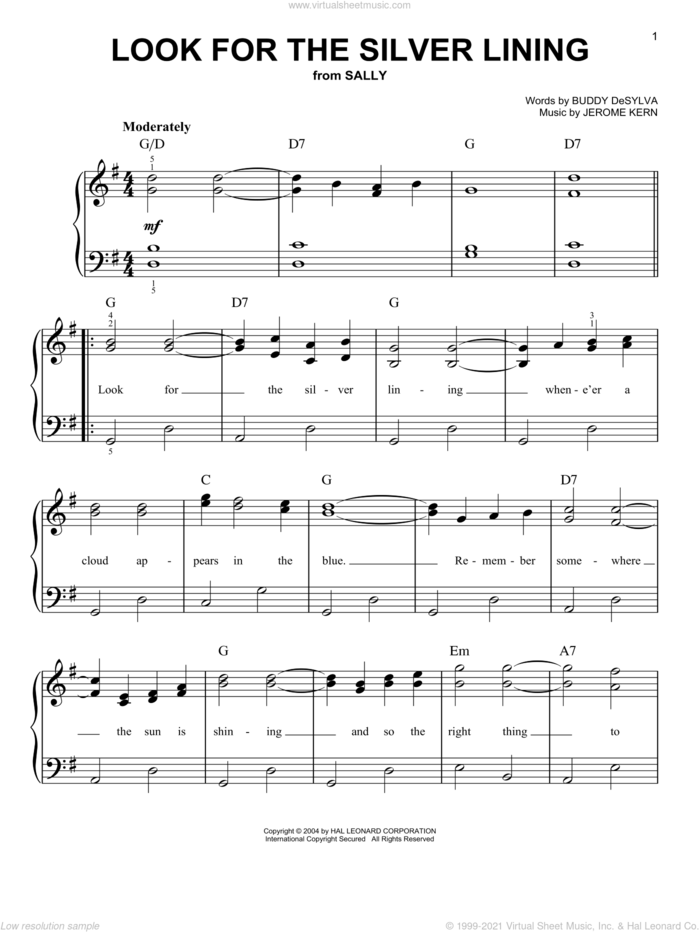 Look For The Silver Lining, (easy) sheet music for piano solo by Jerome Kern, Andy Williams, Chet Baker, Judy Garland and Buddy DeSylva, easy skill level